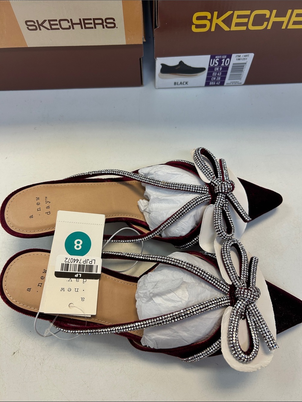 a new day Burgundy and White Embellished Bow Pointed Toe Mules 20502